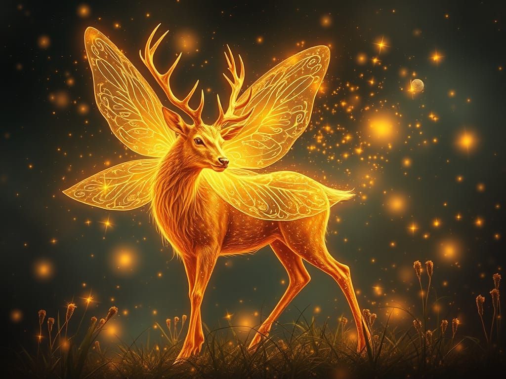 Golden Fairy Amidst Radiant Deer in a Sunlit Meadow