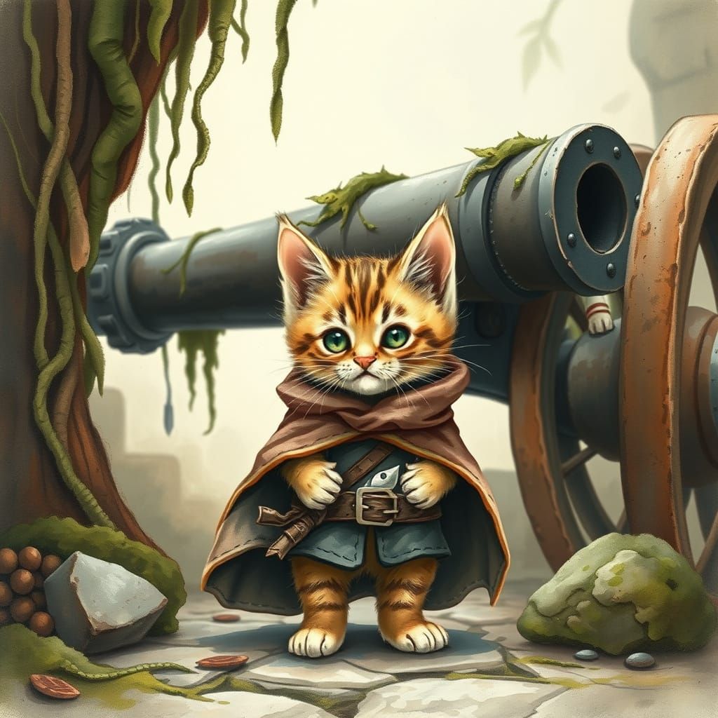 Brave Kitten and Rusty Cannon, Watercolor Style