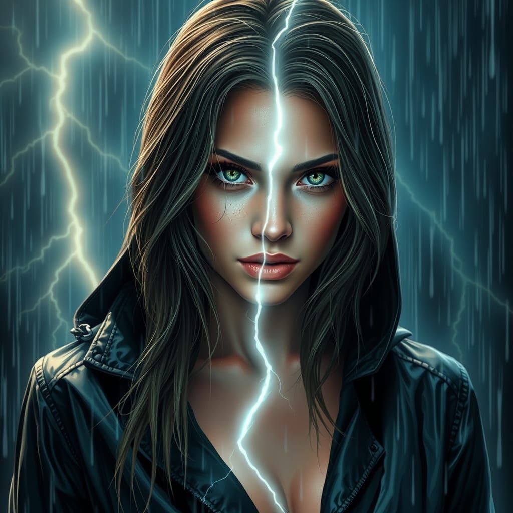 Woman in Rainstorm: Hyperrealistic Art with Vibrant Colors