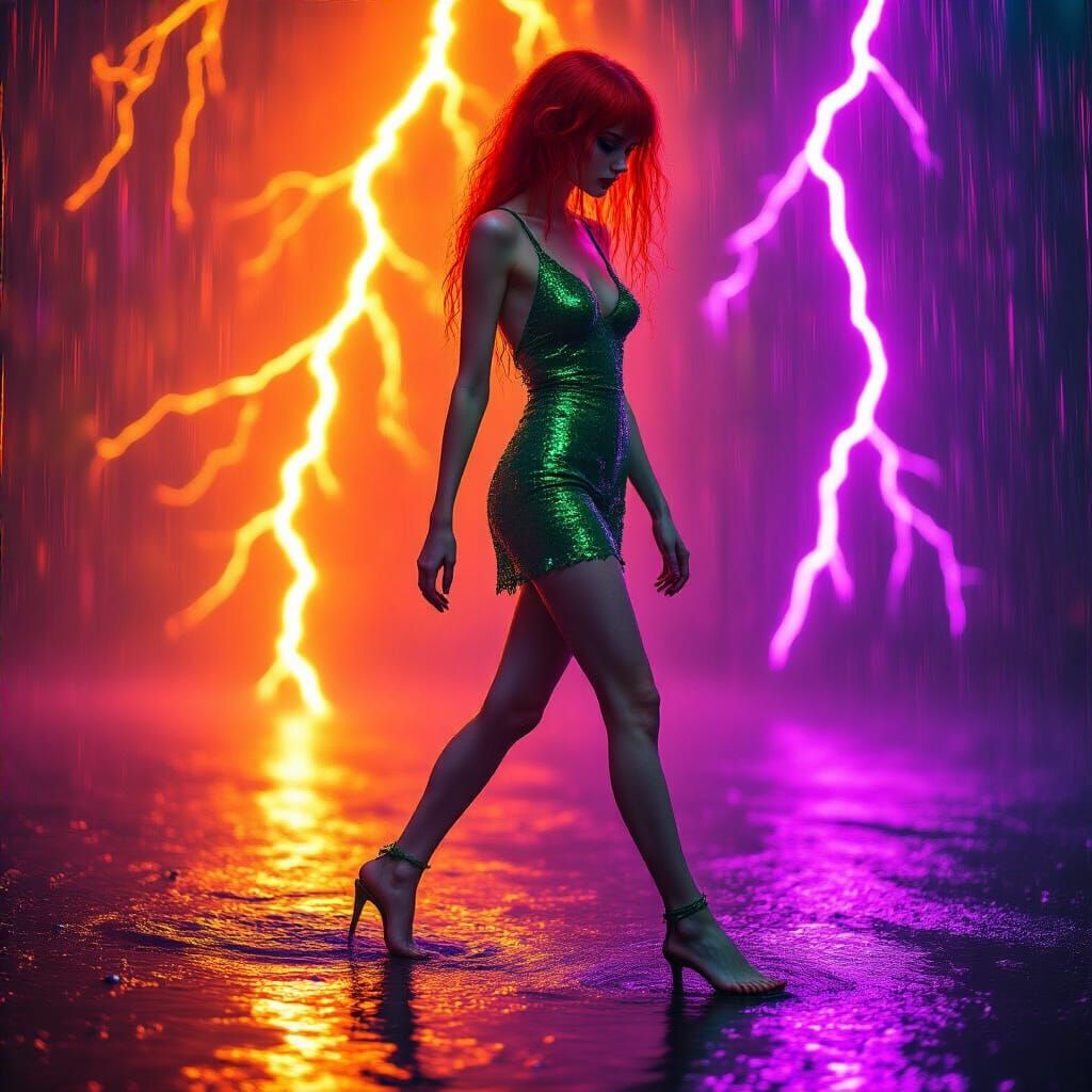 Woman Walks in Neon Rainstorm, Hyperrealistic Digital Art