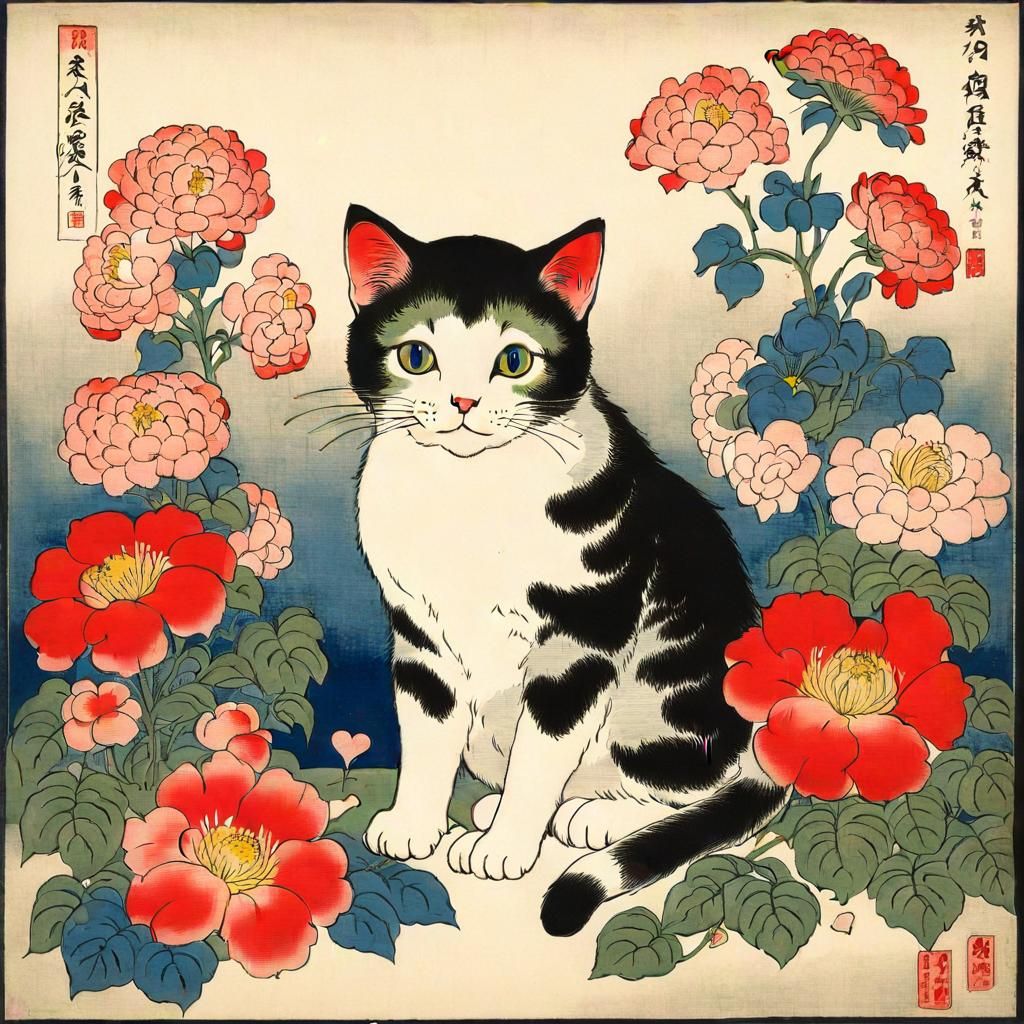 Cute Cat Surrounded by Flowers in Ukiyo-e Style