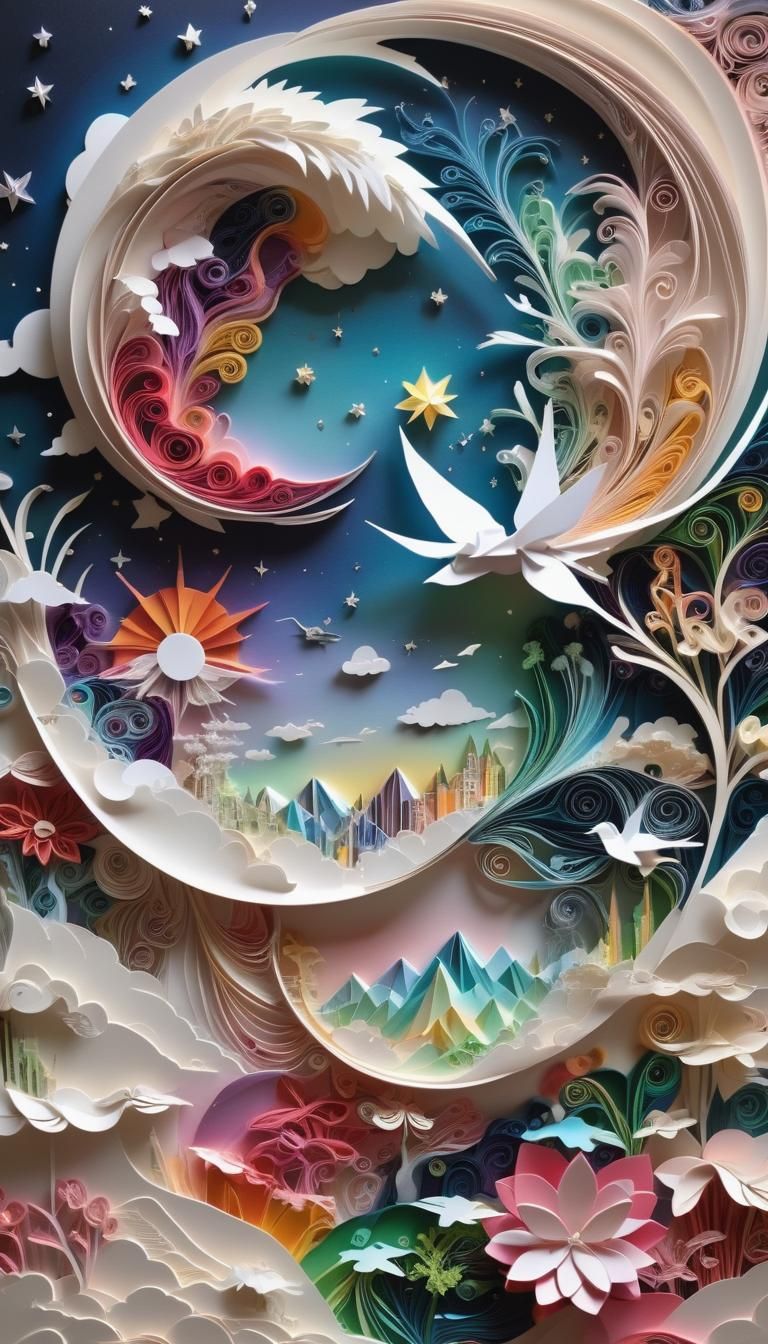 Ethereal Cosmic Landscape in Paper Art Style