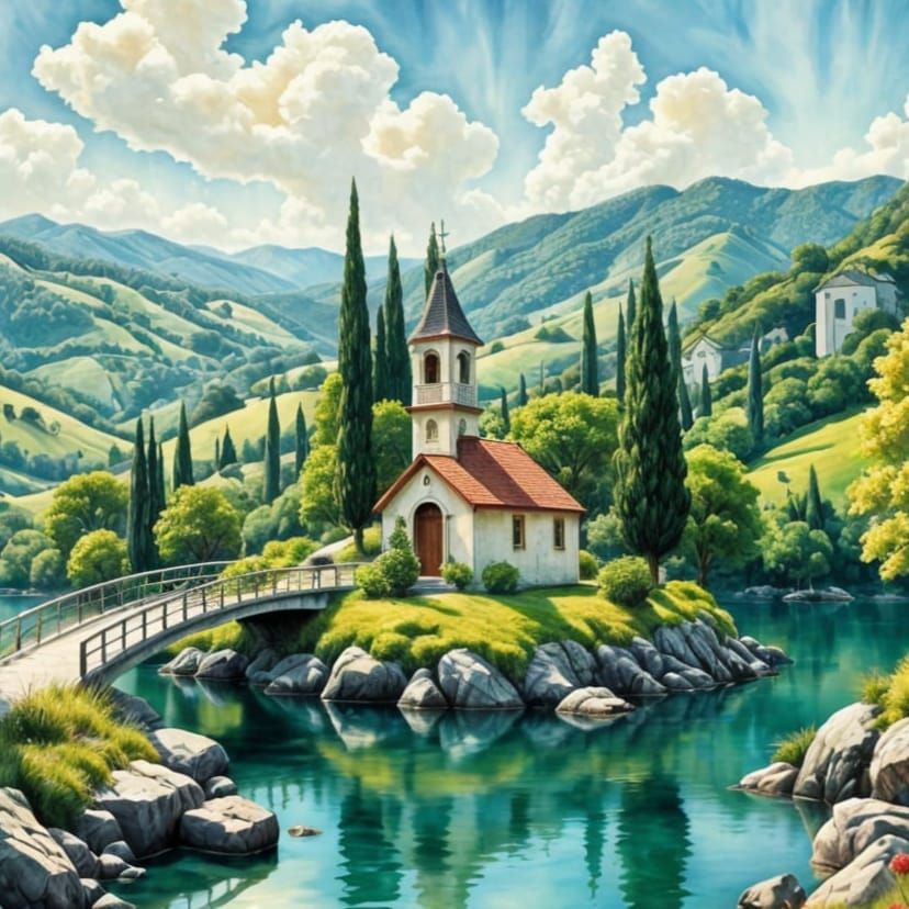 Angelic Church on Emerald Island Landscape Painting