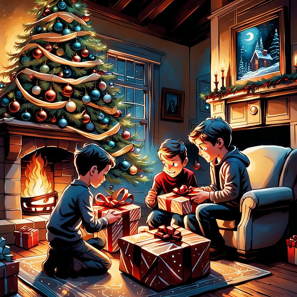 Children Opening Gifts: Disney Pixar Comic Art