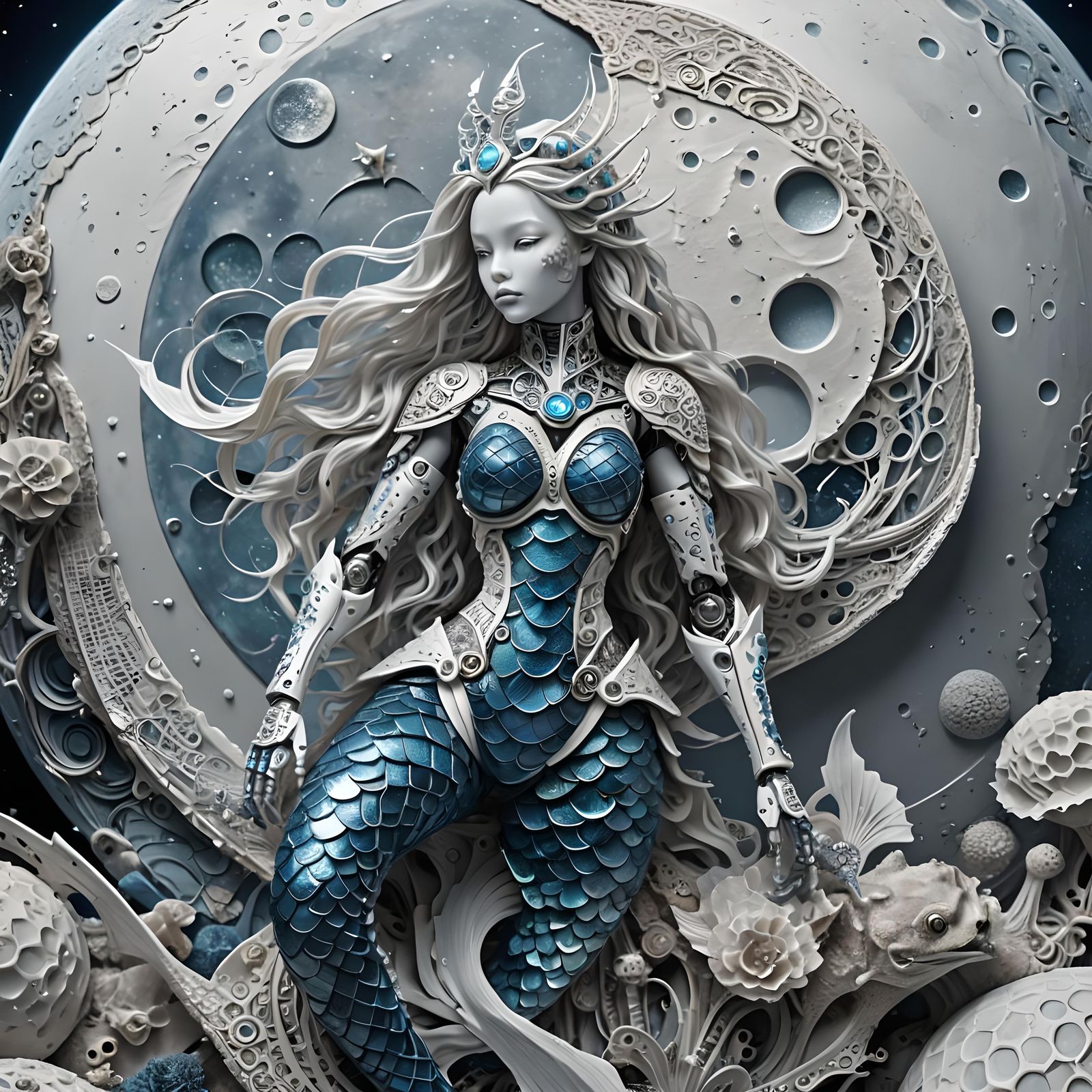 Intricate Robot Mermaid on the Moon