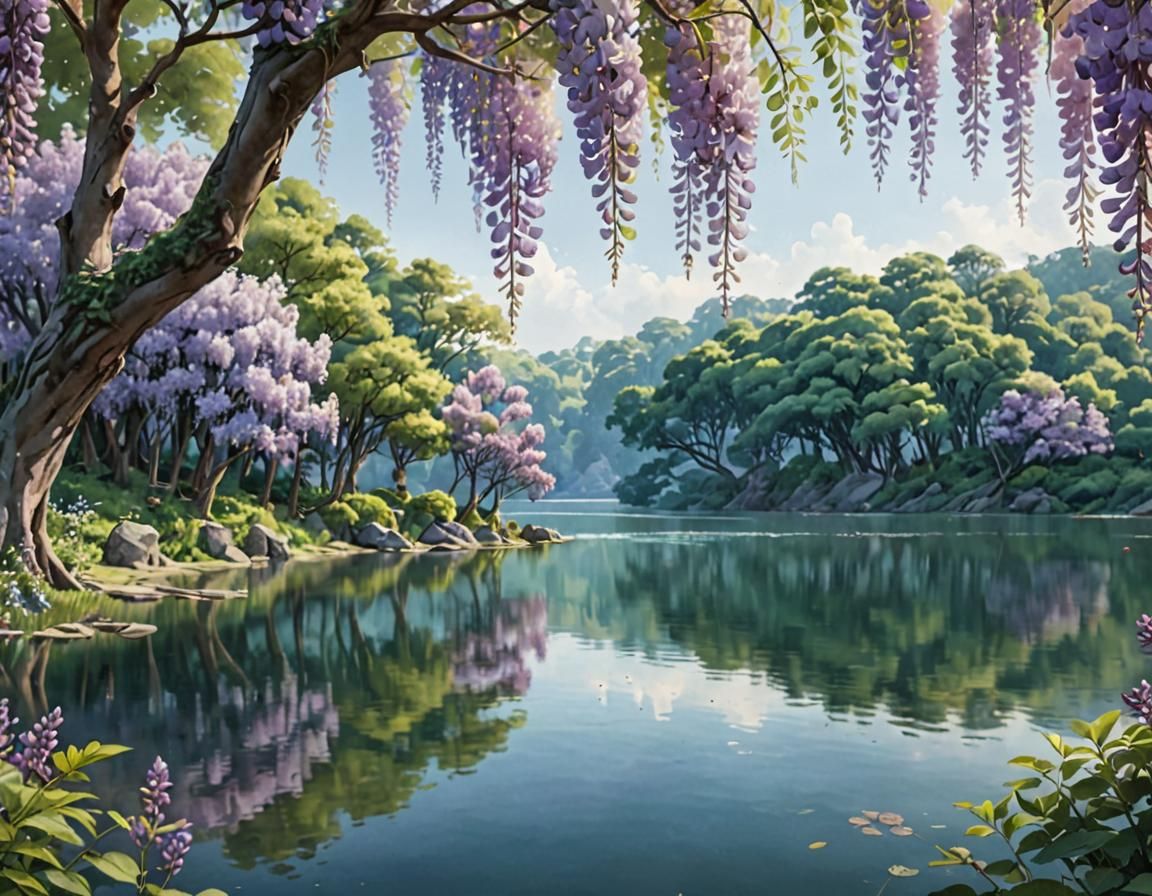 Ethereal Wisteria Lake in Watercolor Style