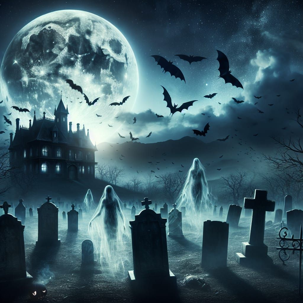 Haunted Mansion Graveyard Under Full Moon