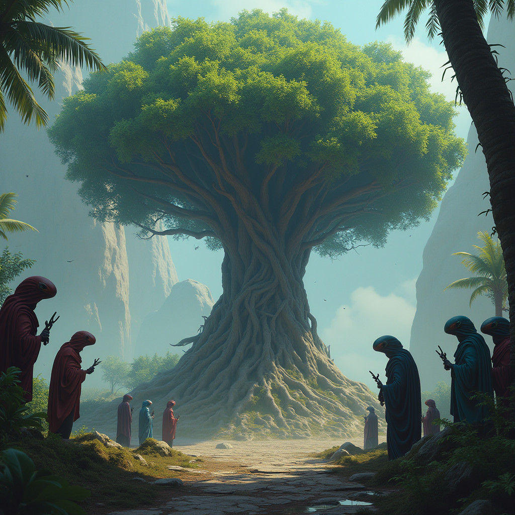 Alien Tree Worship: Detailed Matte Painting