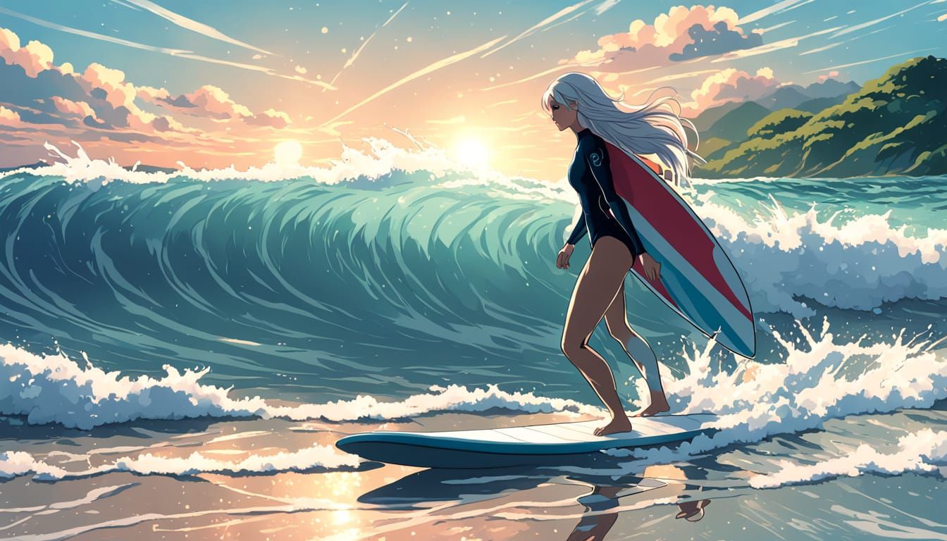 Vibrant Anime Girl Surfs the Waves