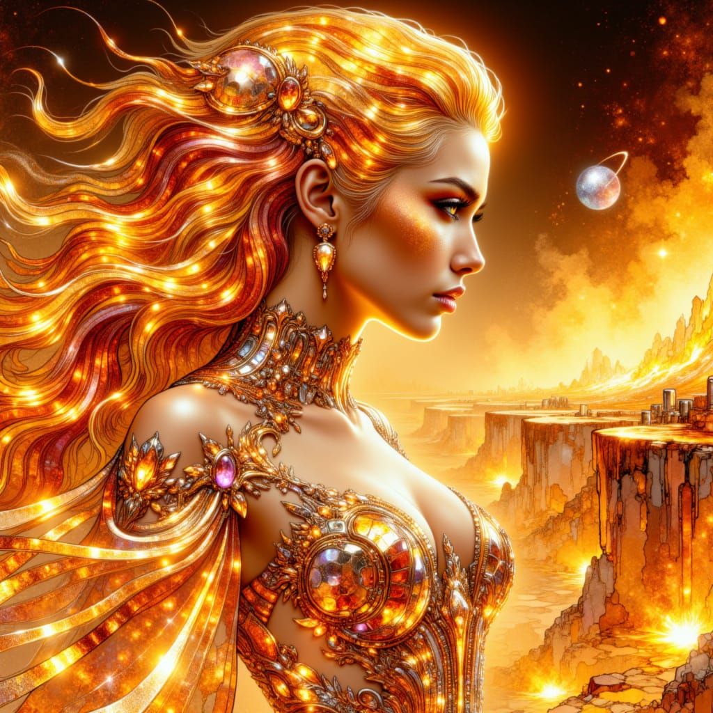 Solar Orange Princess Portrait in Retro-Futuristic Style