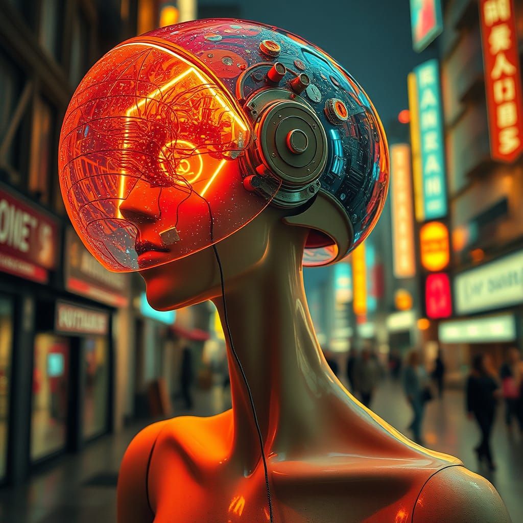 Surreal Sci-Fi Mannequin in Alien Cityscape