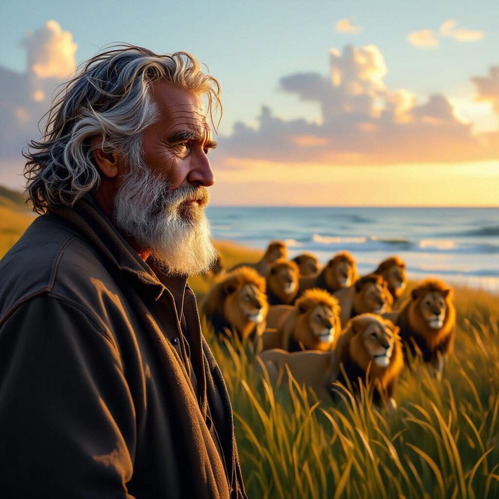 Wise Old Man and Lion Pride at Golden Hour