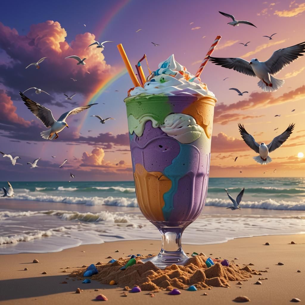 Rainbow Milkshake on a Beach: Fantasy Concept Art