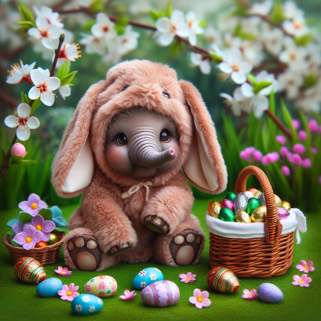 Cute Elephant in Bunny Costume with Easter Eggs