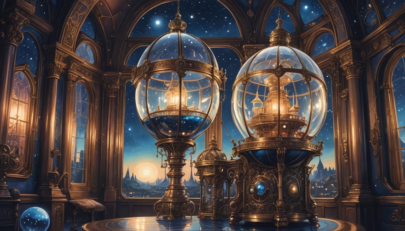 Steampunk Orb in Palace: Surreal Fairytale Illustration