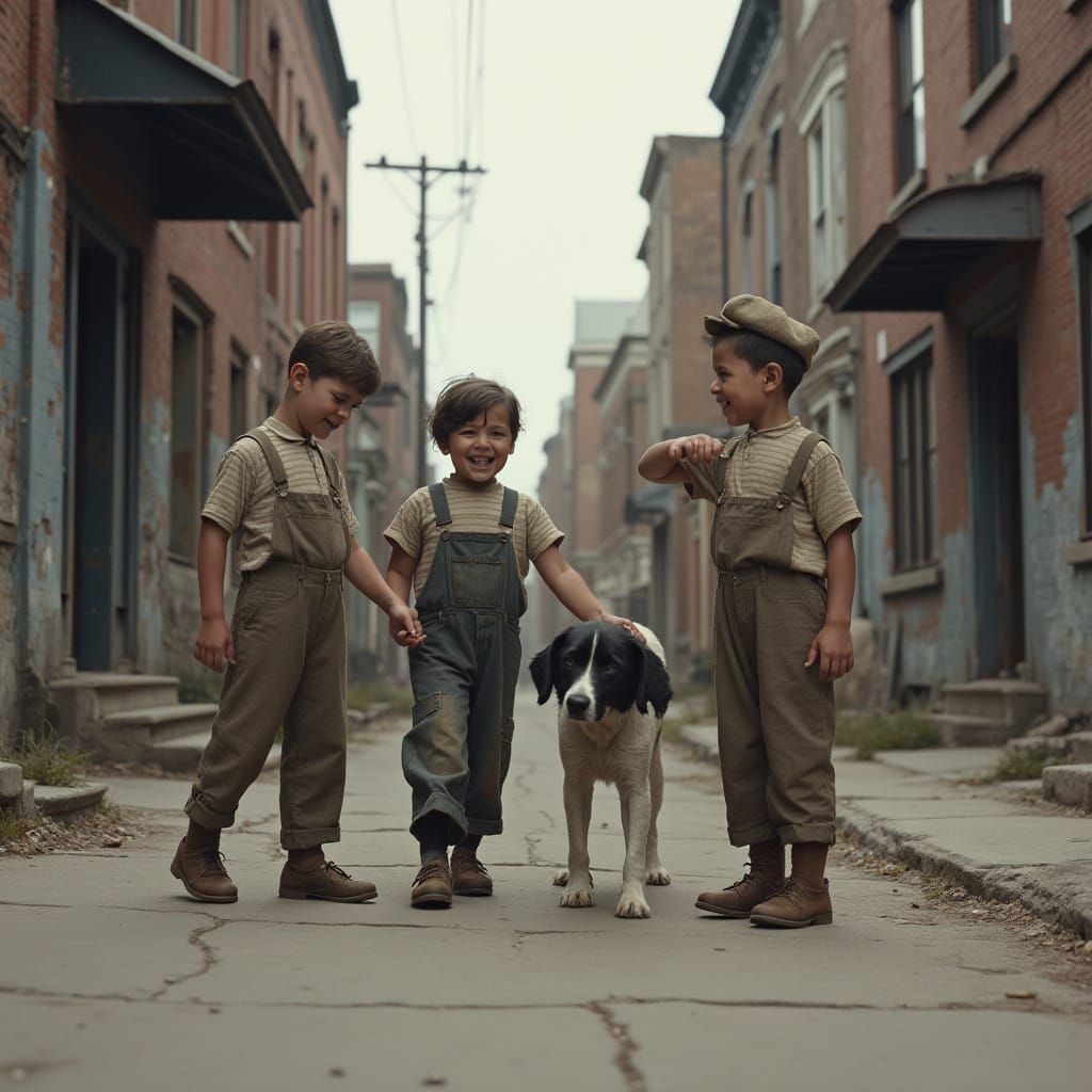 Children Play with Dog on Depressed NYC Sidewalk
