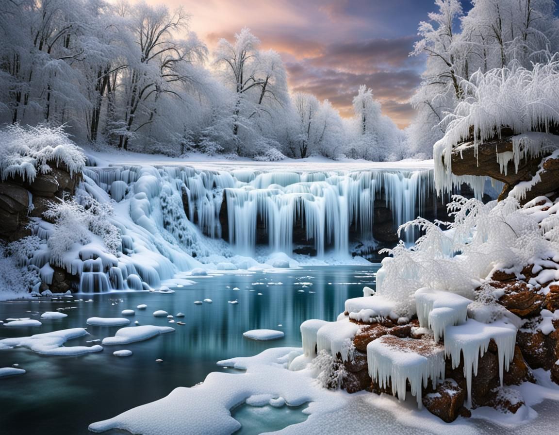 Iced Cascade in Winter Landscape