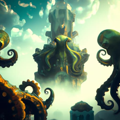 Sentient Octopus Planet with Holy Towers: Digital Matte Pain...