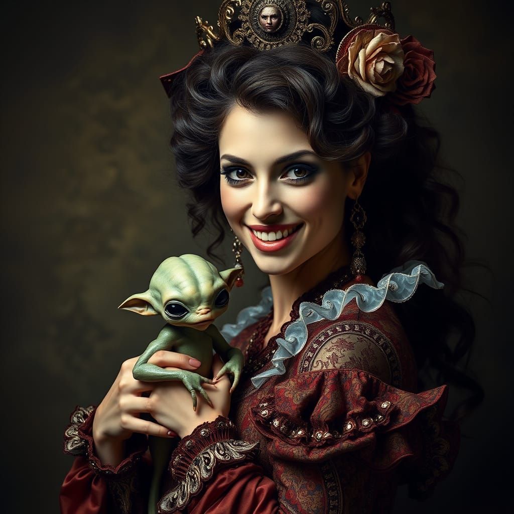 Baroque Woman with Alien in Chiaroscuro Style