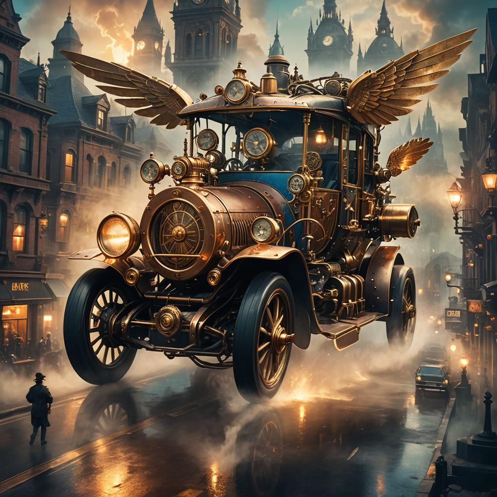 Steampunk Car Soaring Above Victorian Cityscape