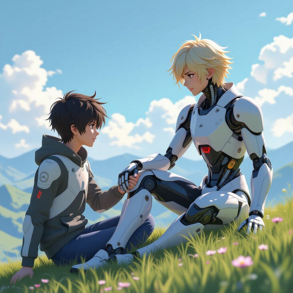 Teenager and Robot Holding Hands on Hilltop