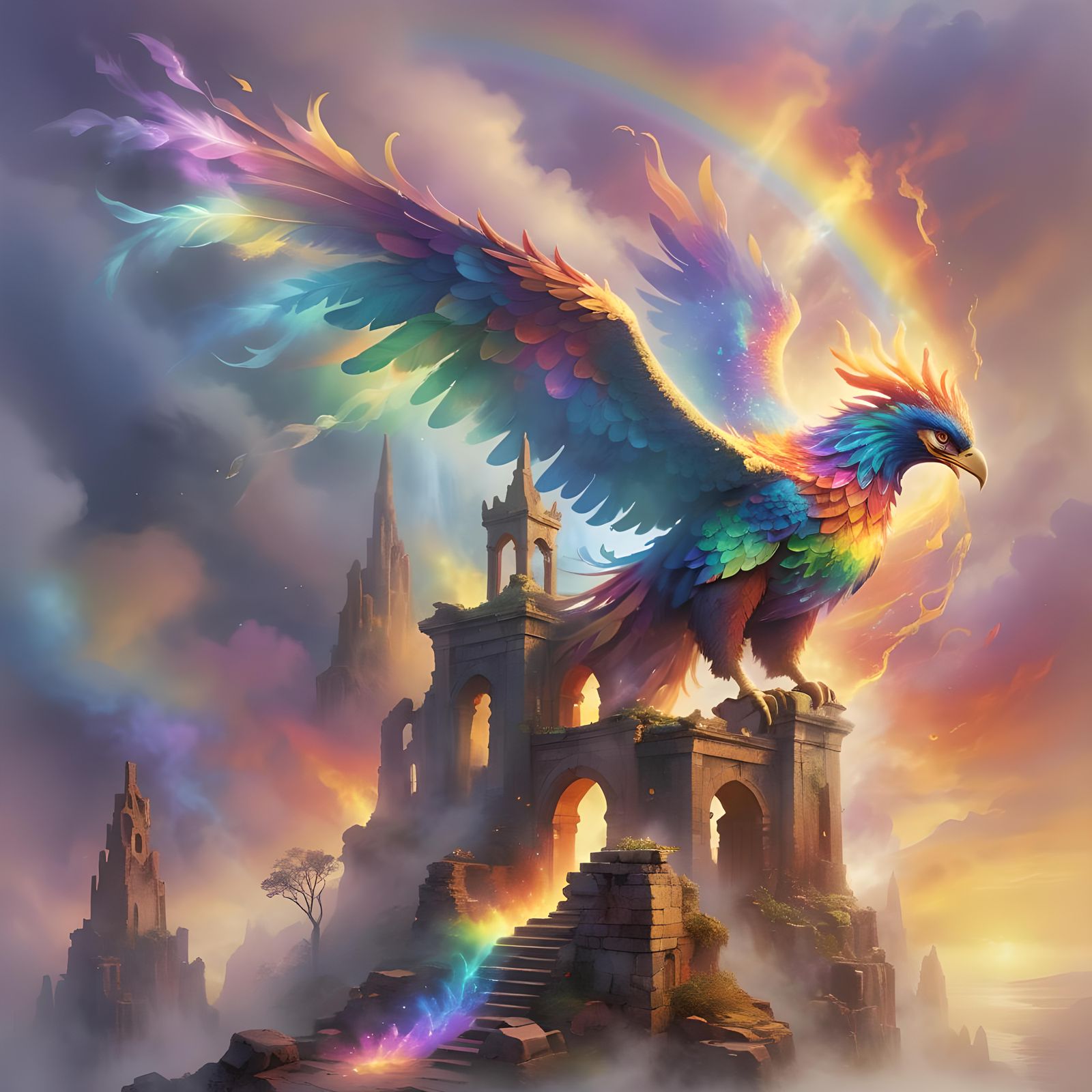 Rainbow Phoenix Rising: Ethereal Fantasy Art