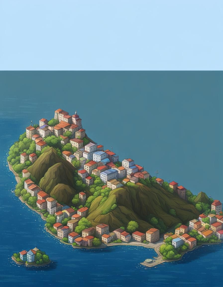 Island Town with Two Hills