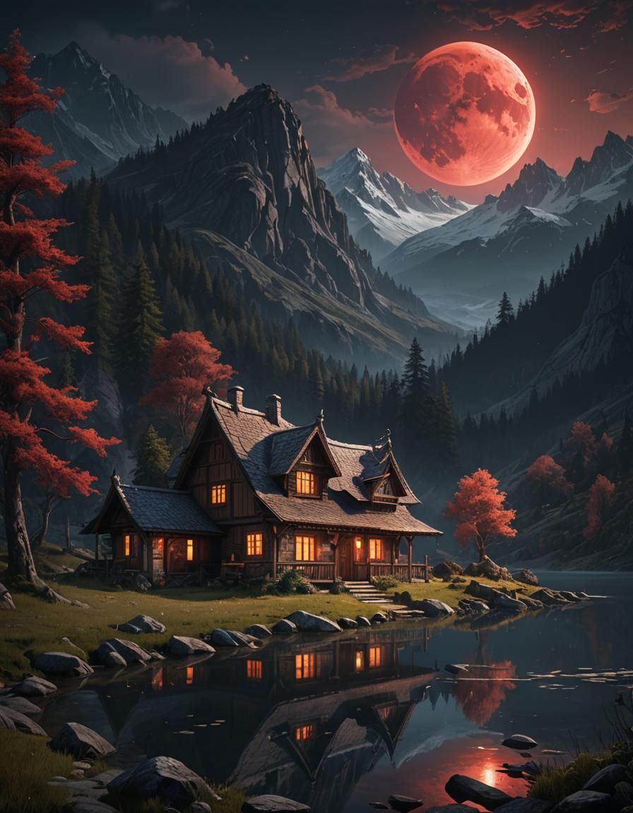 Cottage by Lake at Midnight Under Blood Moon