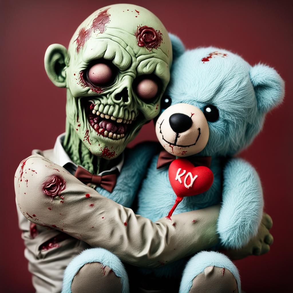 Happy Zombie Snuggling a Teddy Bear
