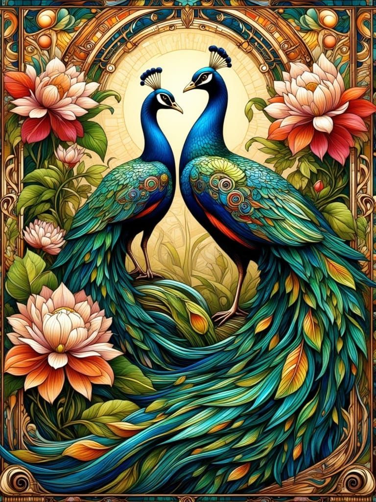 Art Nouveau Peacocks Amidst Lush Flowers in Golden Frame