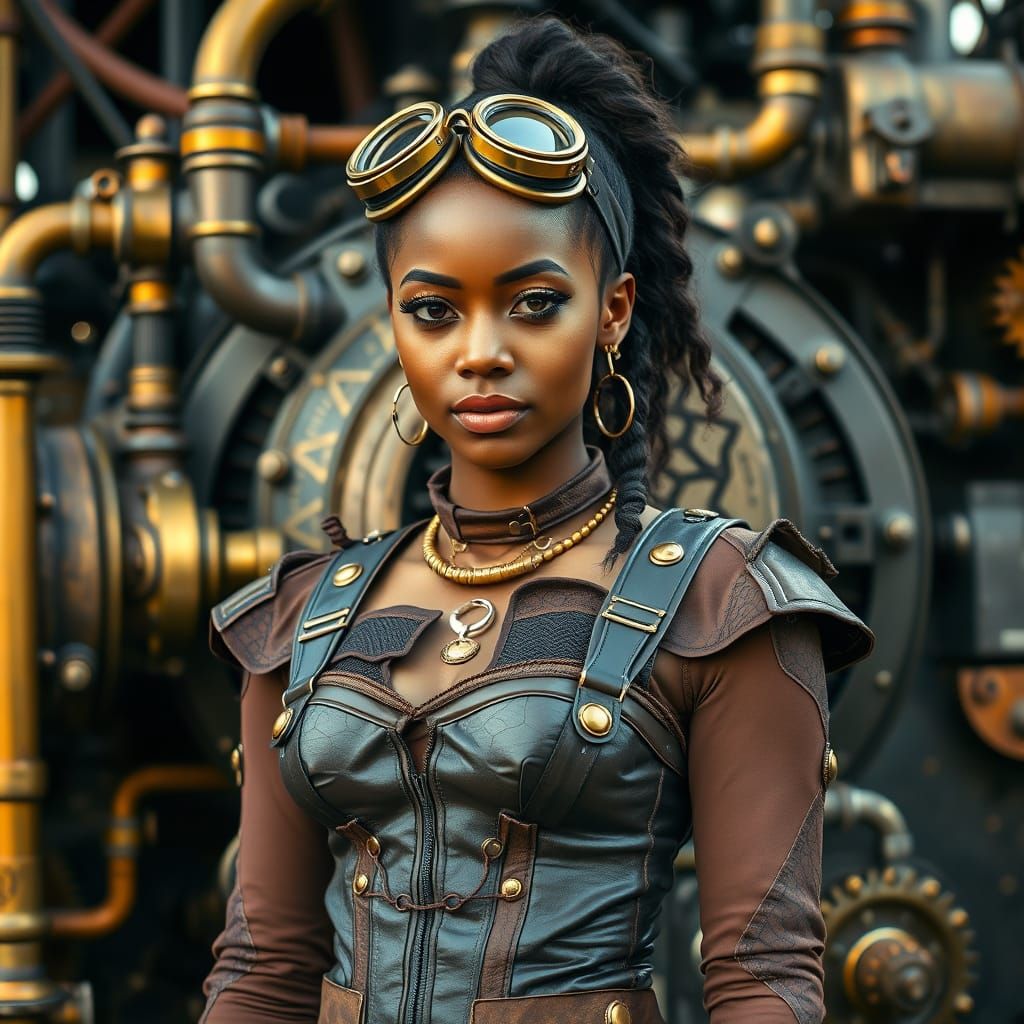 Steampunk Woman with Engine, in Syd Mead Style