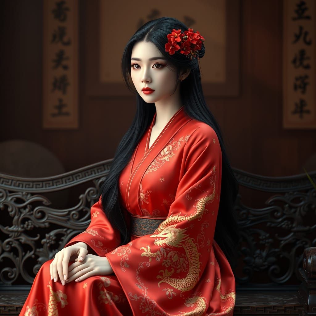 Traditional Chinese Silk Robe Portrait in Vintage Style