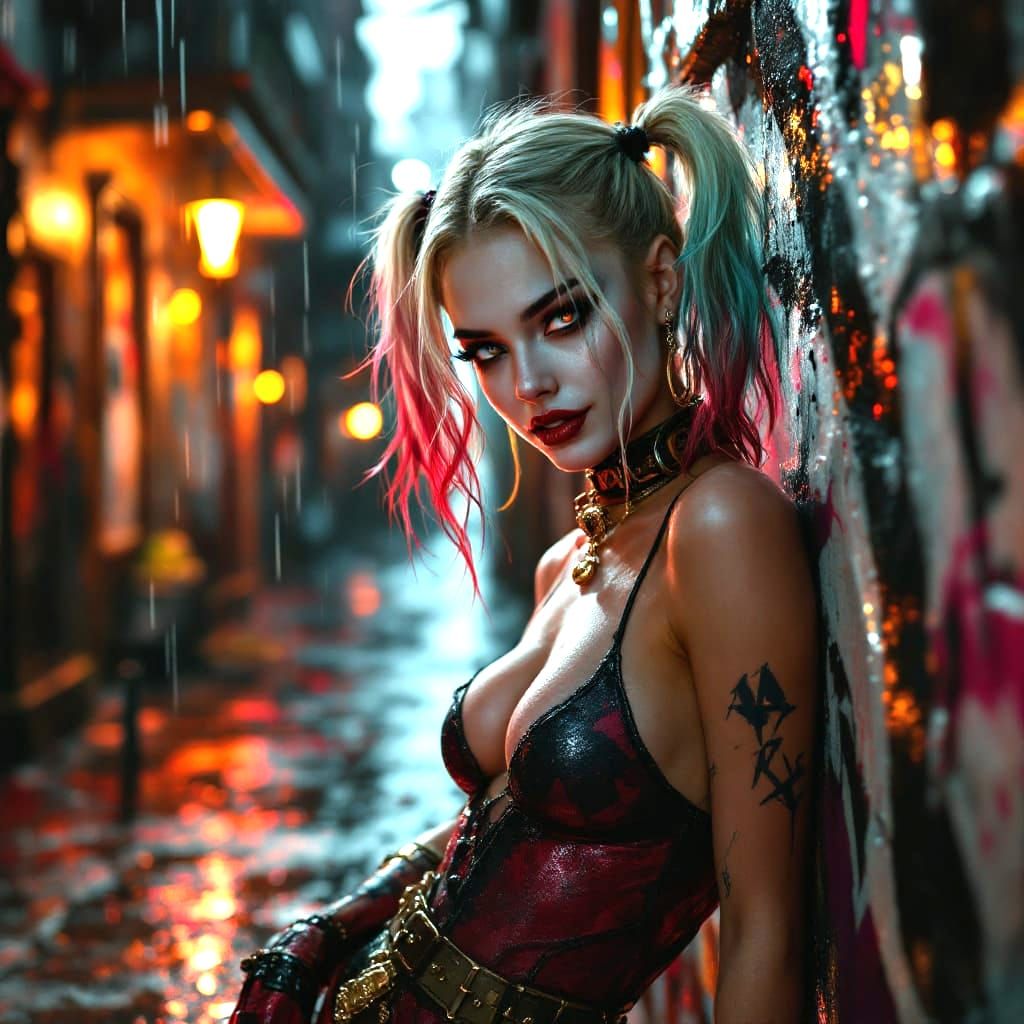 Harley Quinn in Gritty, Hyperrealistic Alleyway