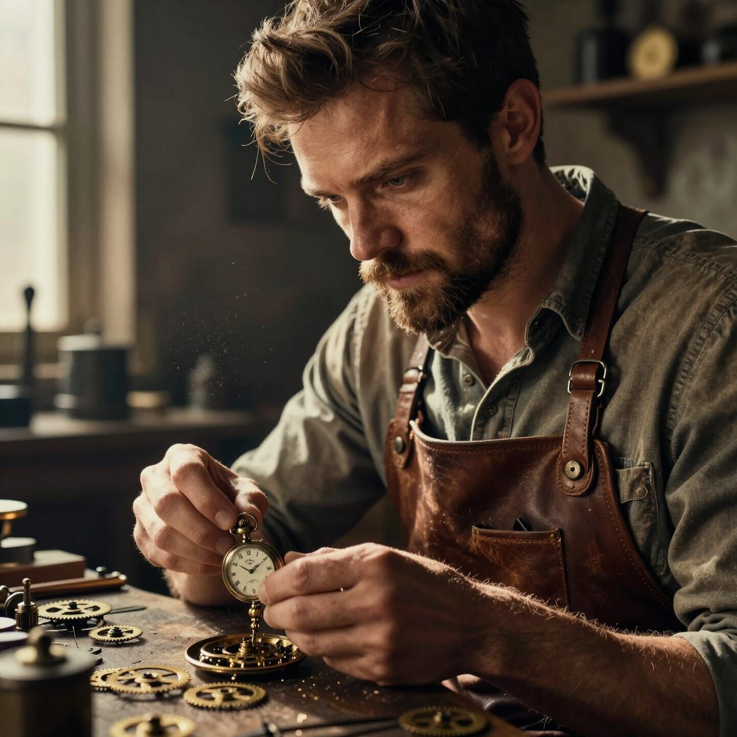 Cinematic Portrait of a Watchmaker in Vintage Workshop