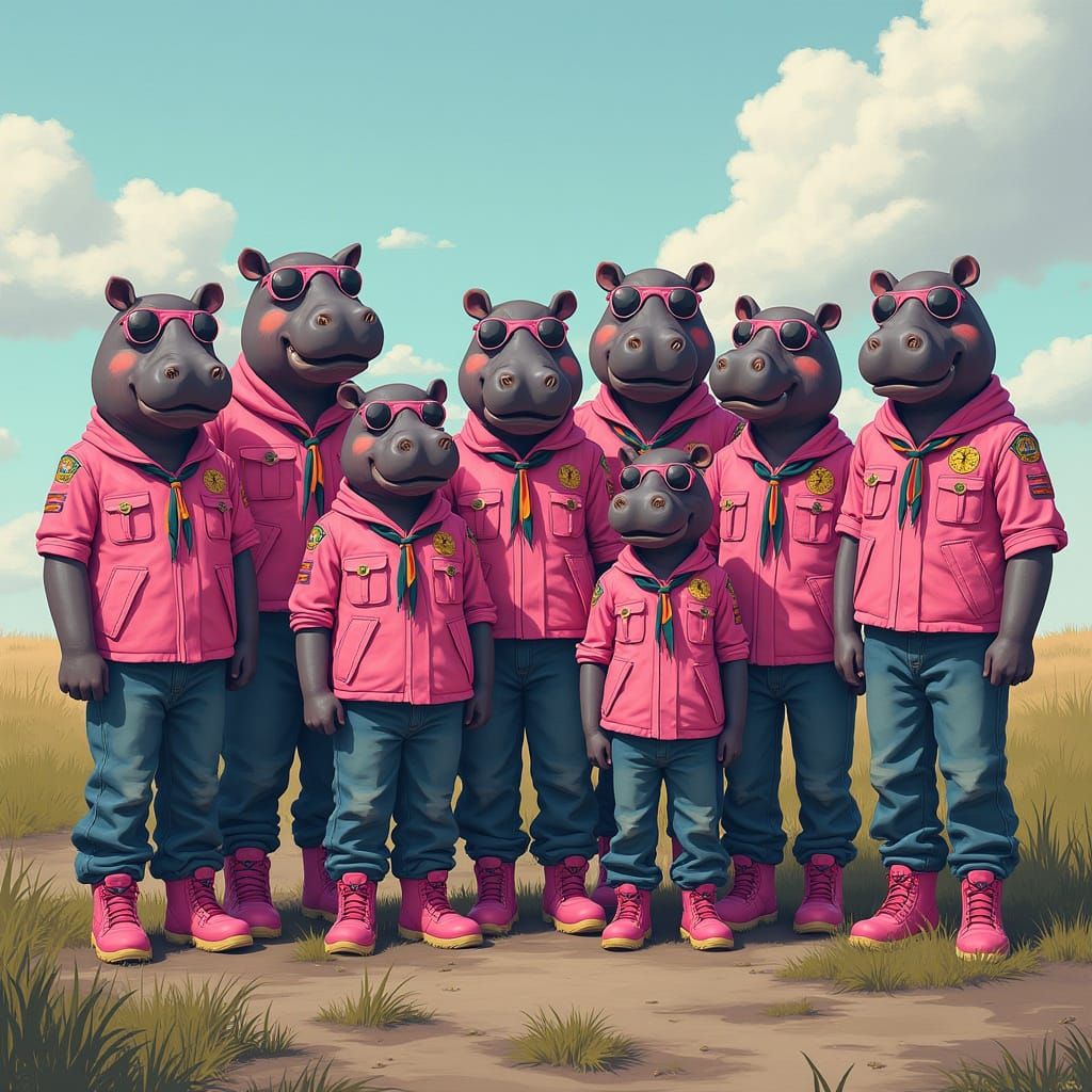Hippopotamus Scouts in Playful Anime Style