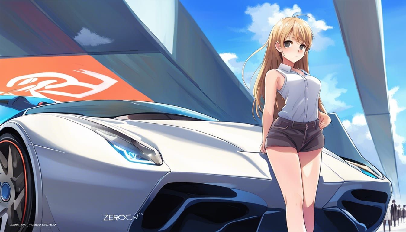 Anime Girl and Supercar in Japanese Manga Style