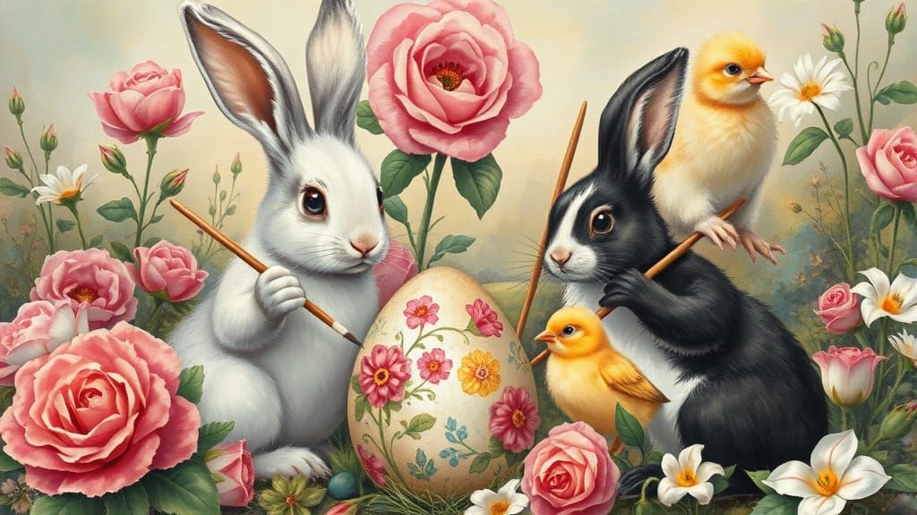 Rabbits and Chicks Painting Easter Eggs with Floral Motifs