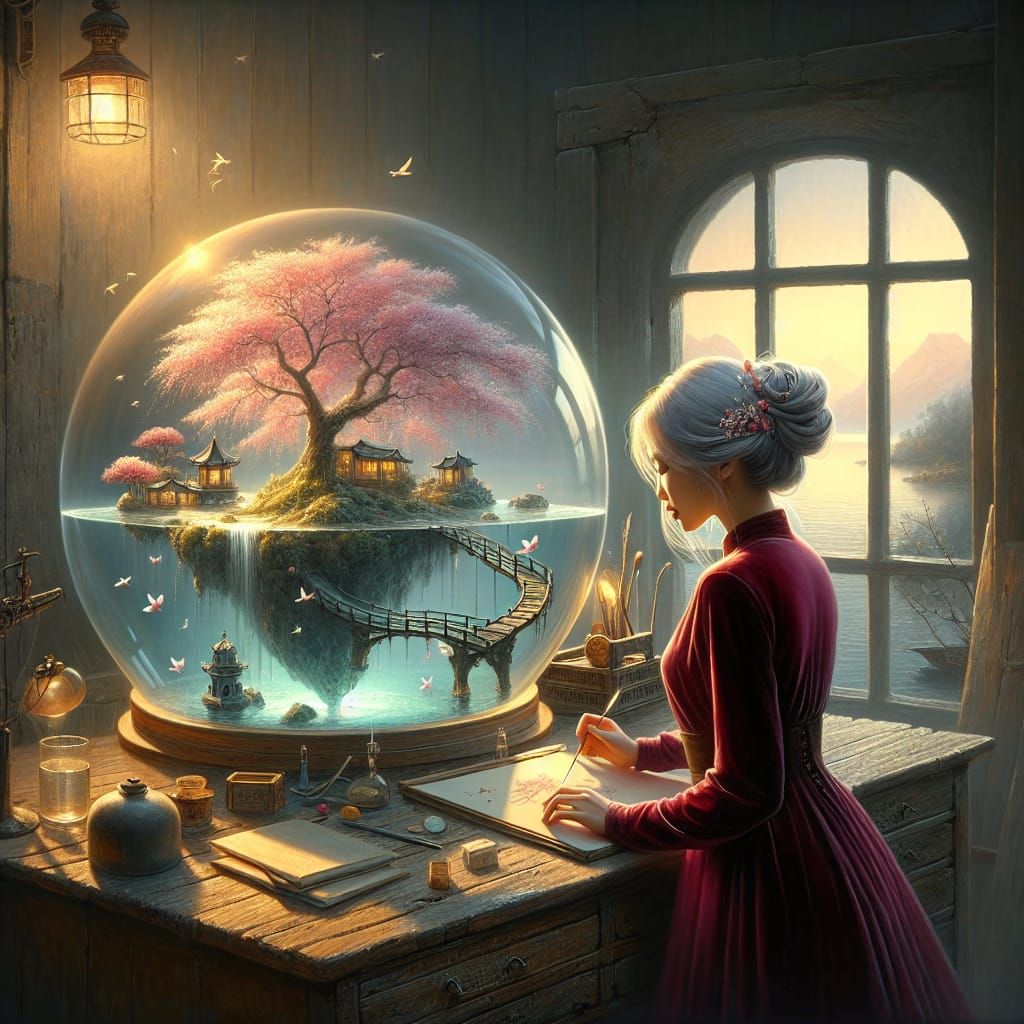 Miniature Floating Island in Glass Dome: Oil Painting