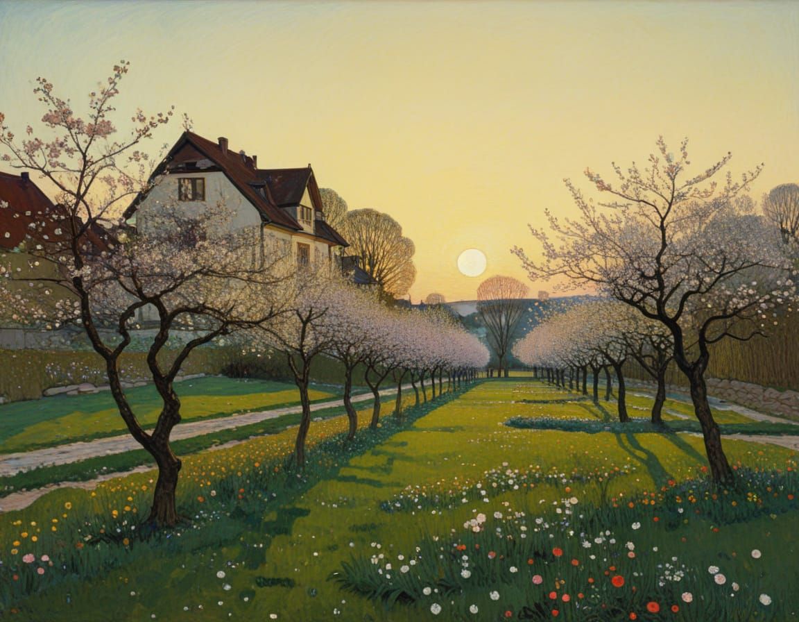 Garden of Apple Blossoms in Soft Evening Light, Art Nouveau ...