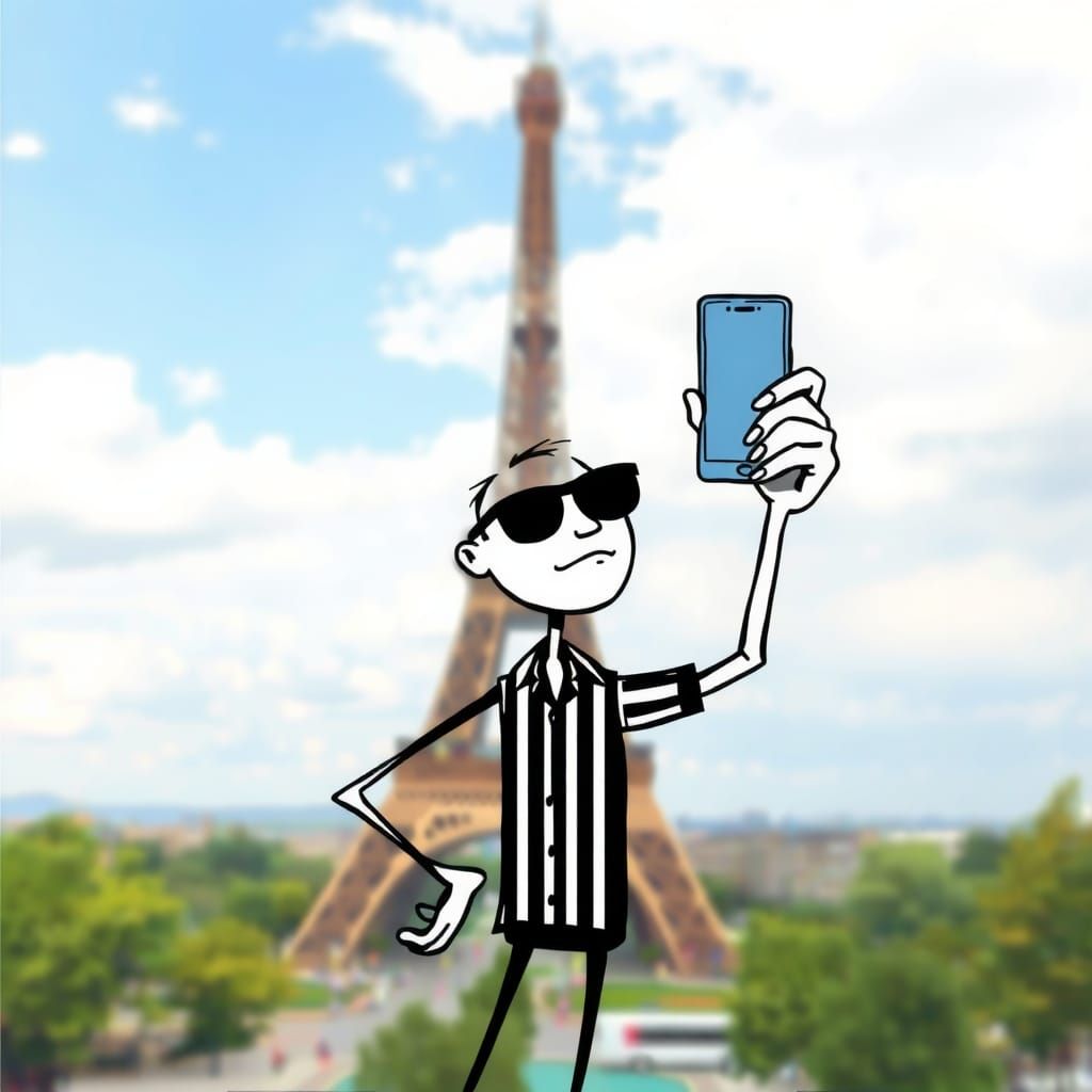 Stick Figure's Parisian Selfie in Impressionist Style