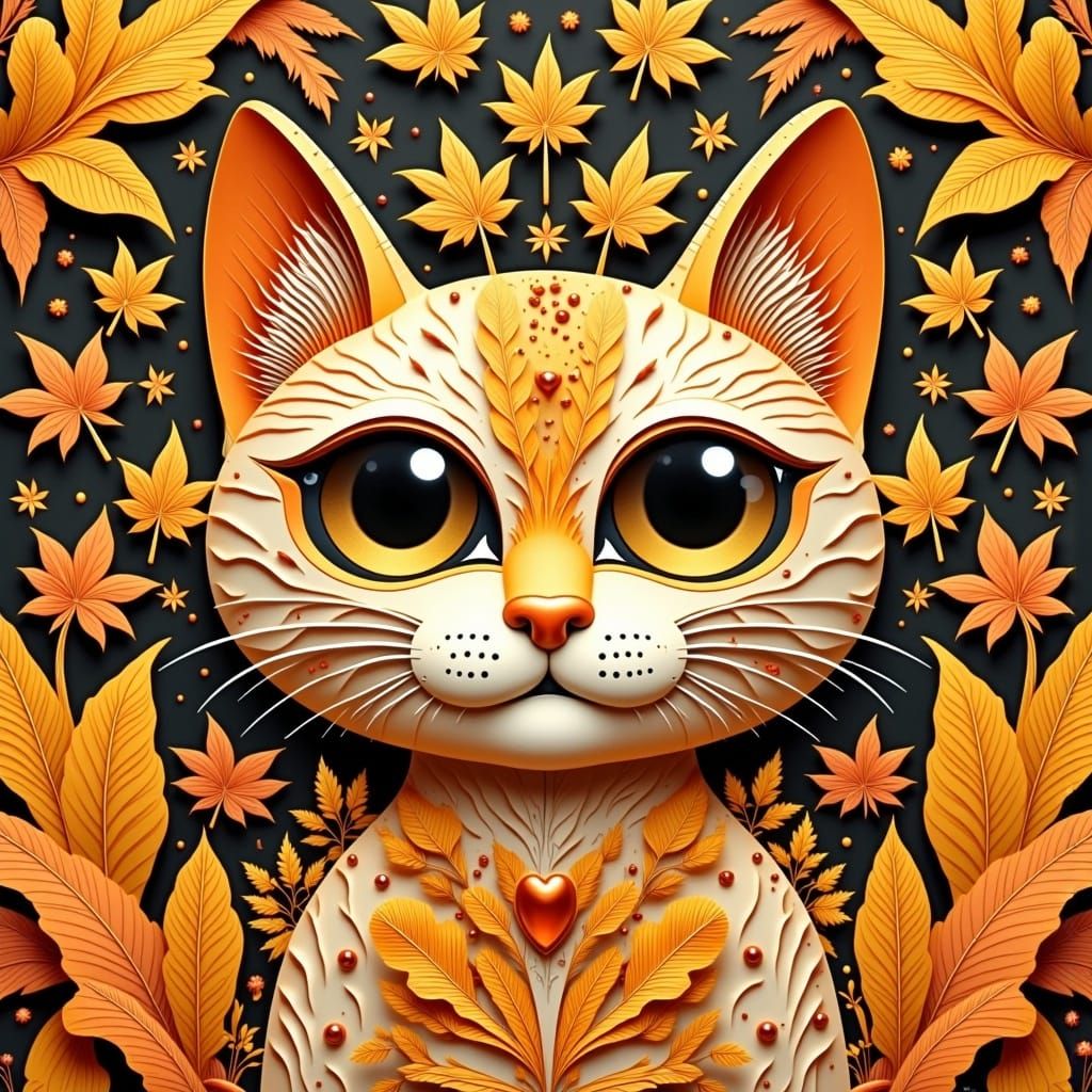 Autumn Cat Sculpture in Collage Style
