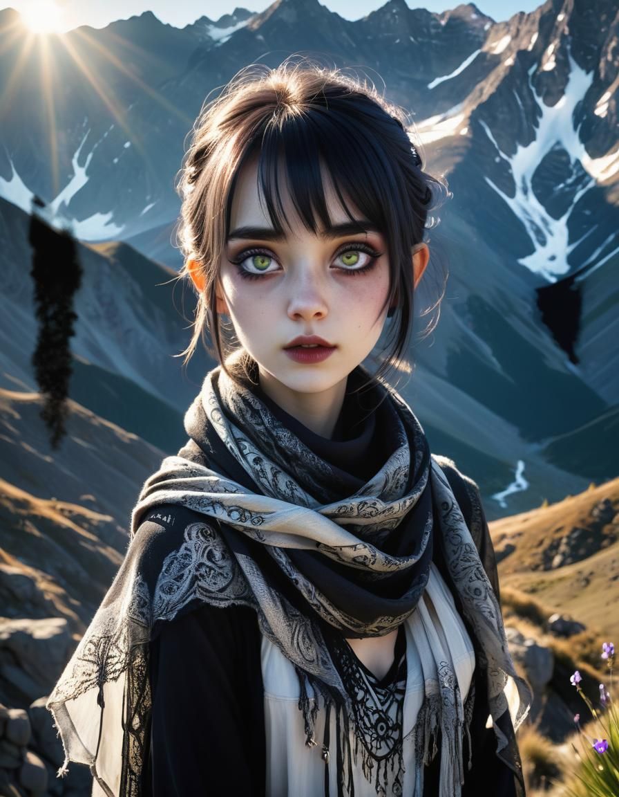 Gothic Woman with Mountain Backdrop in Soft Light