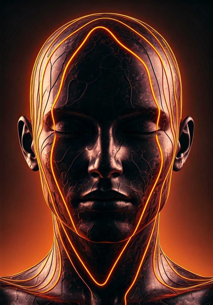 Humanoid Face in Dark Marbled Material with Vibrant Orange N...