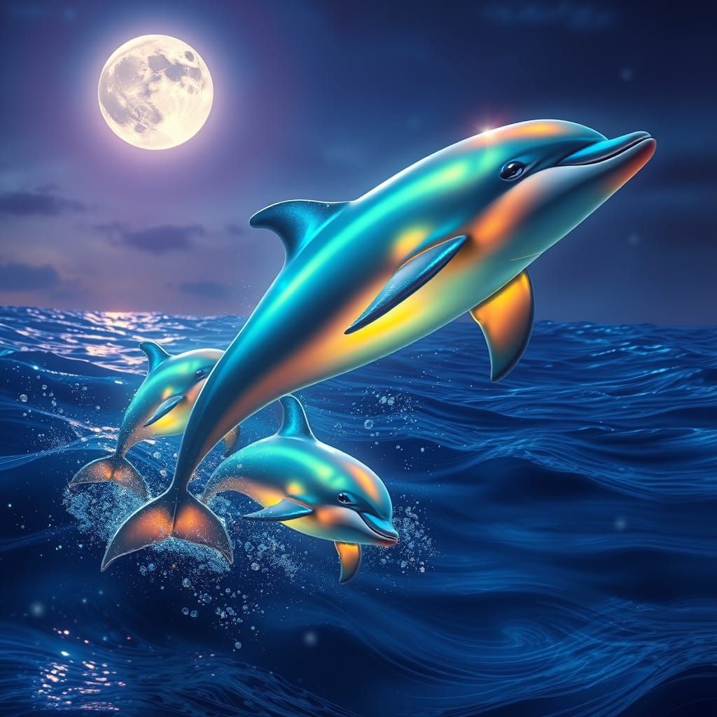 Glowing Dolphins Under Radiant Moonlight