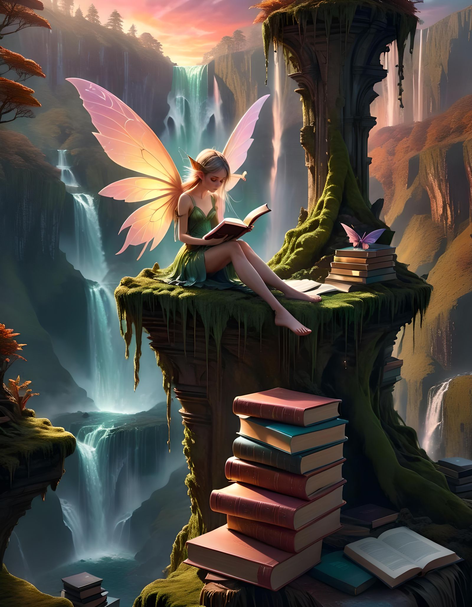 Winged Fairy Reading in Fantasy Dreamscape