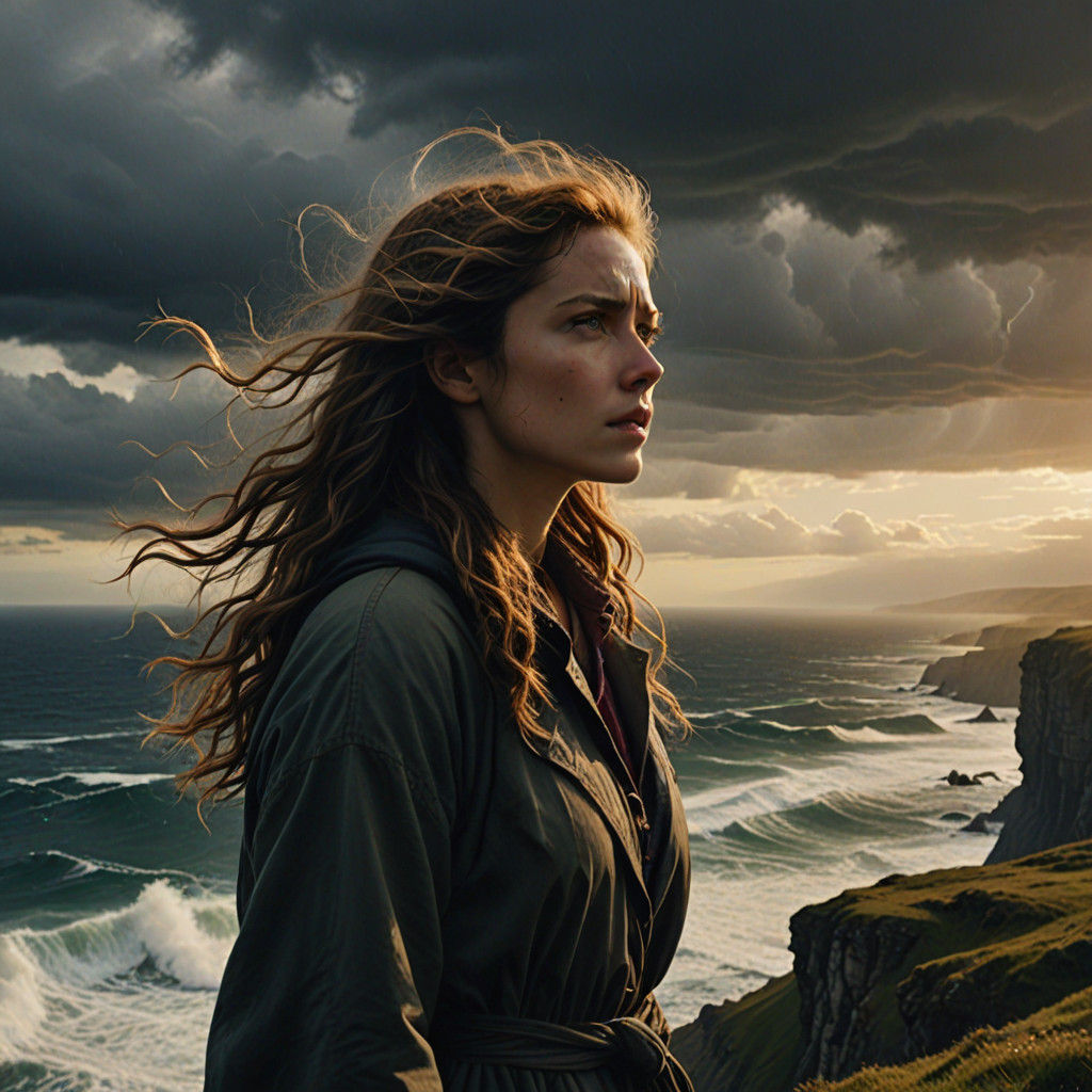 Ethereal Young Woman Stands atop a Windswept Cliff, Gazing O...