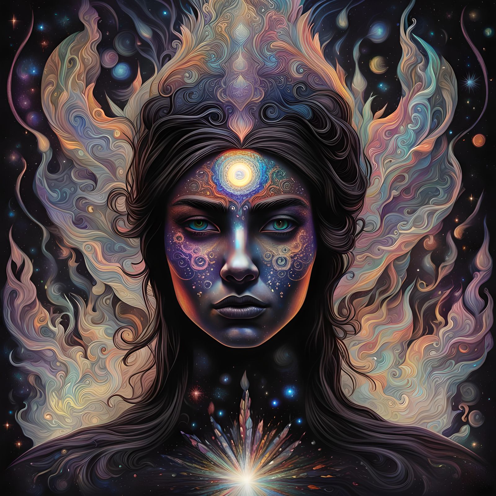 Holographic Cosmic Flame Illustration in Mixed Media