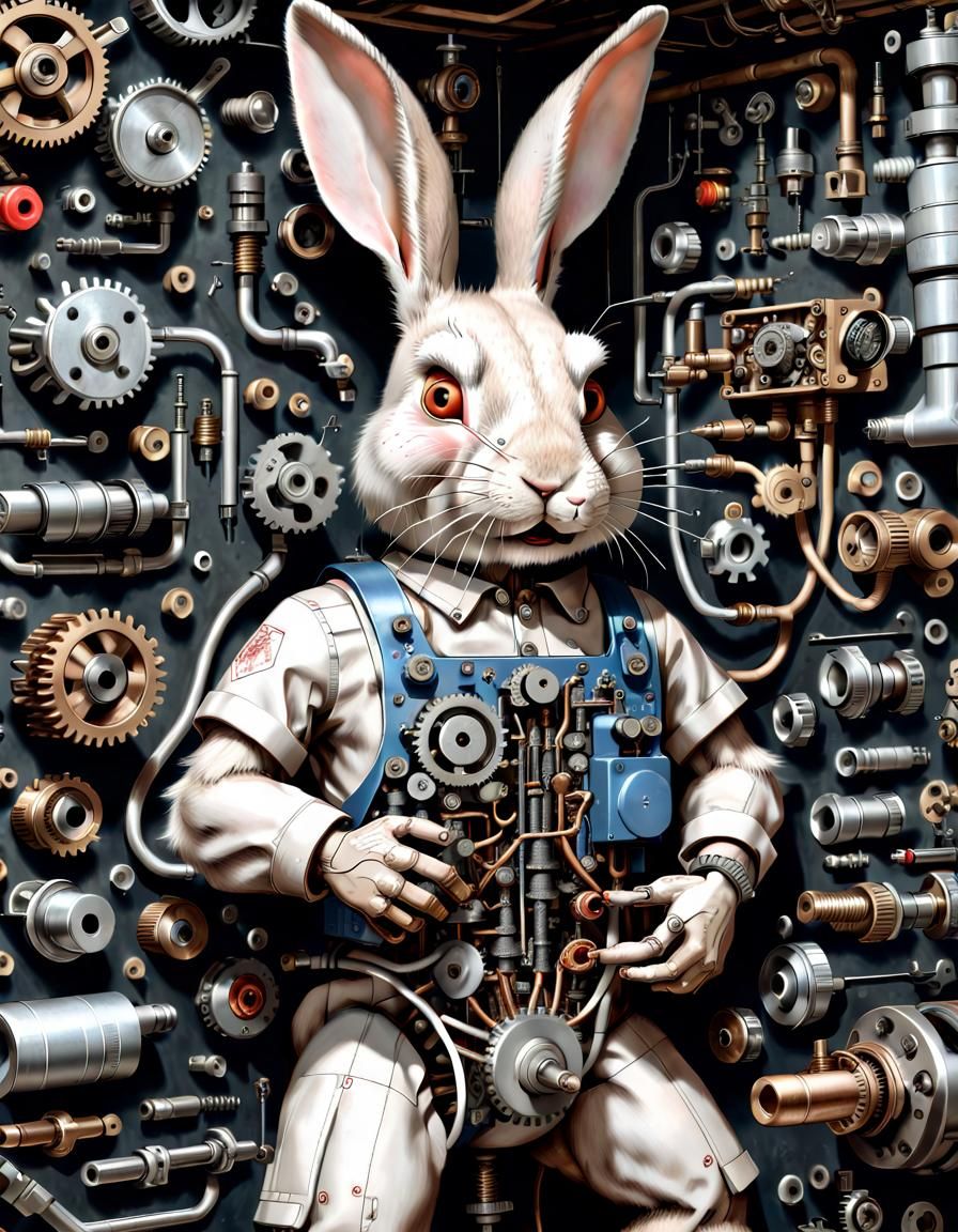 Hyperrealistic Mechanic Rabbit Made of Machine Parts