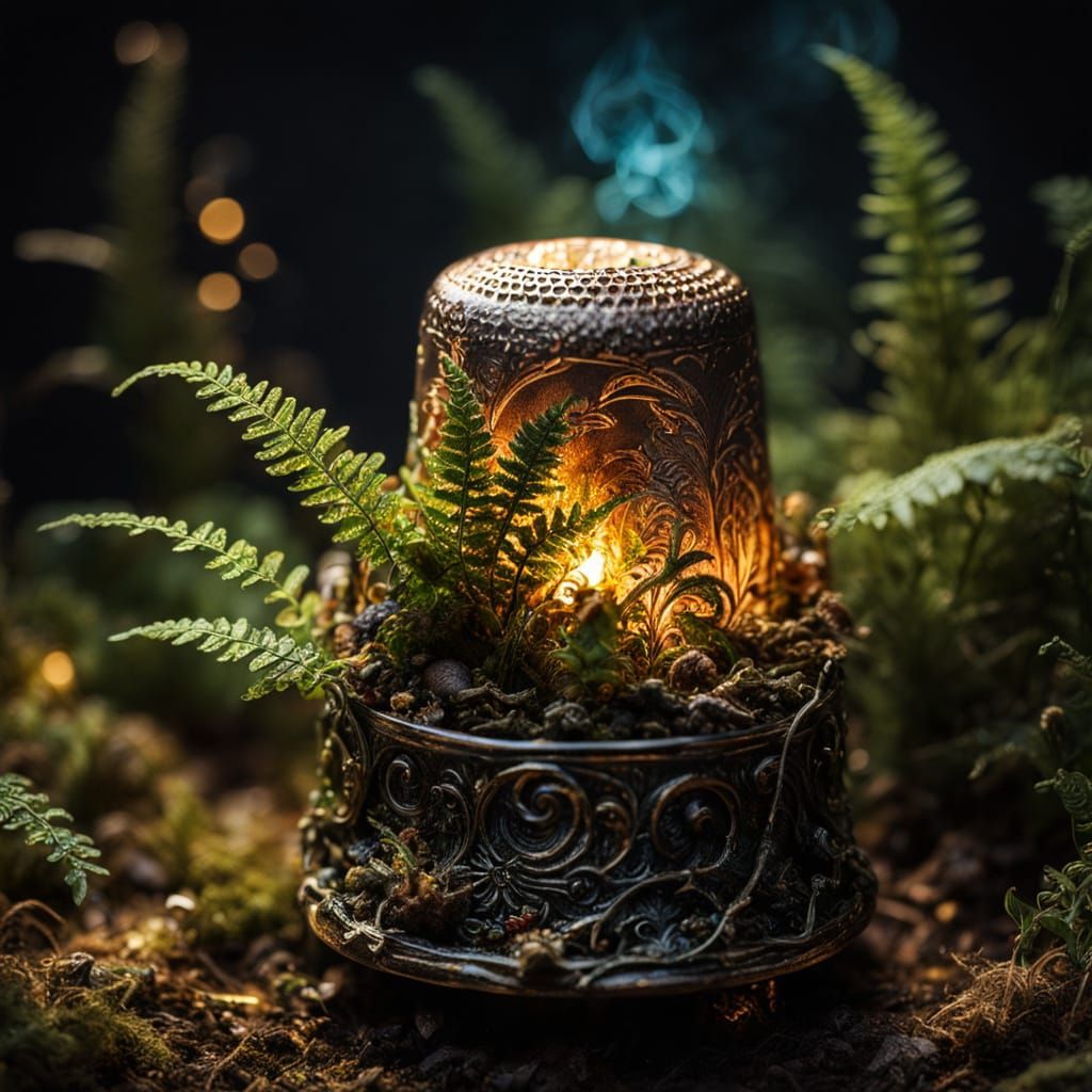Miniature Fern Garden in Thimble, Dark Fantasy Style