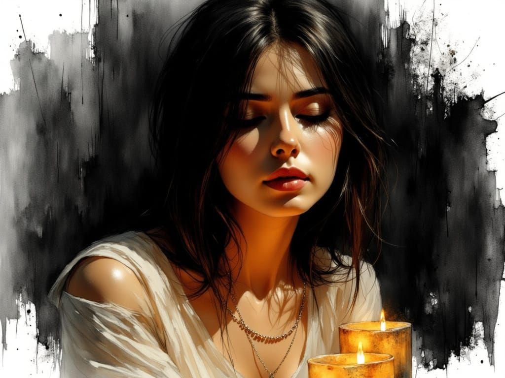 Candlelit Woman's Portrait in Stylized Watercolor